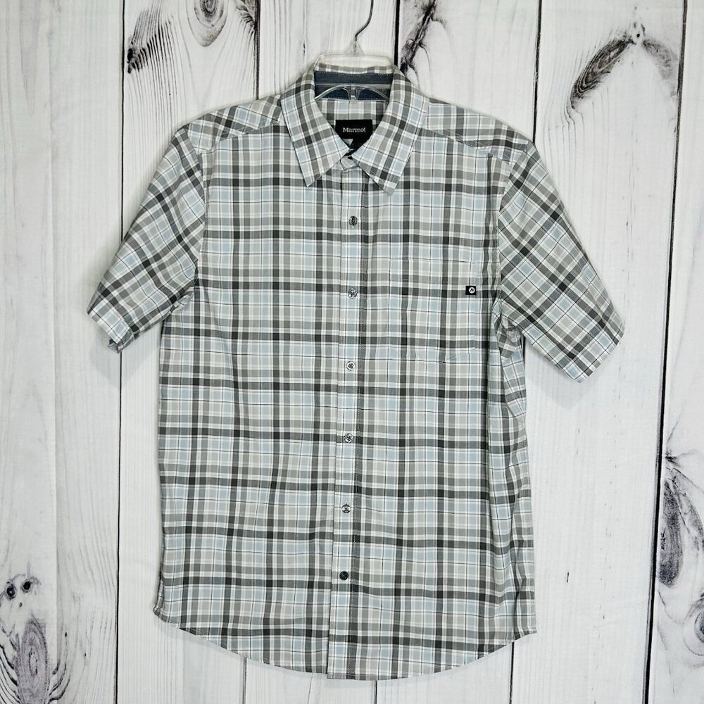 Marmot Mens Sz M Eldridge Classic Short Sleeve Button Shirt Gray Blue Plaid